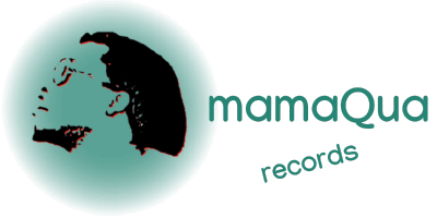 logo with a head facing on the left and words "mamaqua records" in a misty green color.