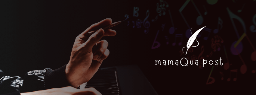 Hand holding a pen, a curved word written mamaqua post